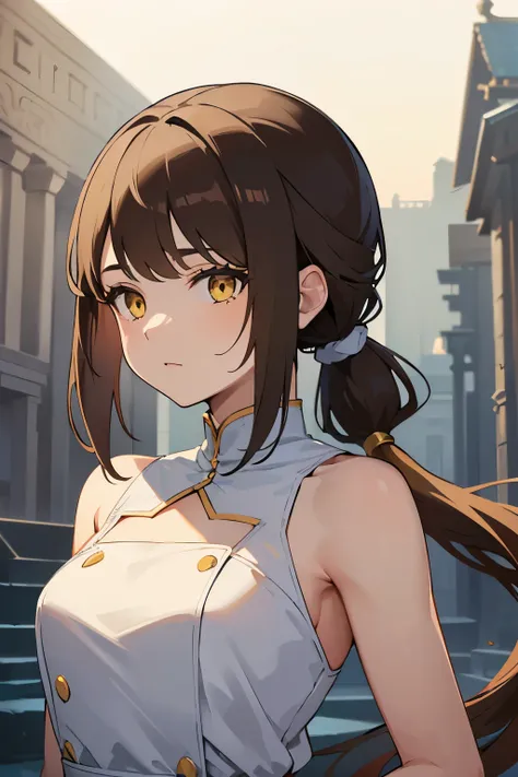 young woman, (white dress with blue shoulders and arms), (brown hair tied in a short ponytail), long strands of hair at the temples, yellow eyes