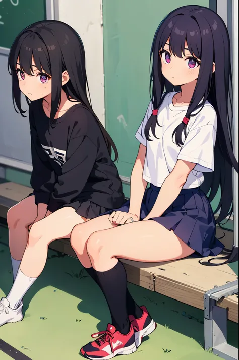 school gymnasium　elementary school girl　8-year-old　flat chest　black hair　long hair　eyes are purple　（（1 person））　Upper body black T-shirt　Lower body white miniskirt（（White panties are visible））　black socks　sneakers　sitting against the wall of the gymnasium　...