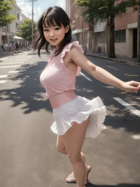 (best quality,4k,8k,highres,masterpiece:1.2),ultra-detailed, College Girl (shibuyakaho) dancing in around campus, strutting her stuff, Smiling and laughing, Flirting with the viewer, seducing viewer, large breasts, thin waist, white skirt, pink top, colleg...