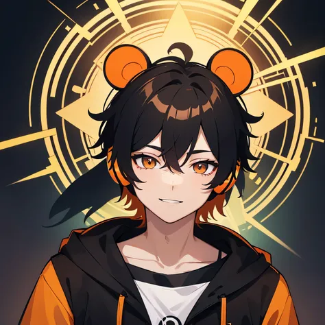 Bear ears　Hair color orange　((boy))　(headphone)　golden line on black hoodie　Face up magic circle　Eye color black　super short hair　	smile　	4K resolution　((head only))