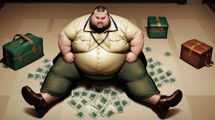 Create a picture of a fat man in a suite with bags of money around him. Have him sitting on a huge map of Russia. There are bags gold coins, jewellery and cash on the floor.