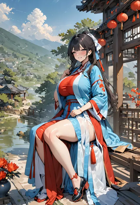 masterpiece, best quality,high_resolution,best quality,oriental,1girl,hanfu,exposed leg,outdoors, landscape,oriental,huge breast...