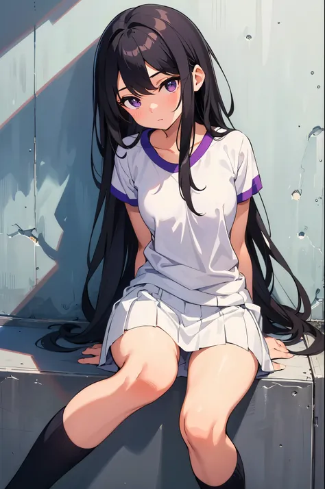 school gymnasium　elementary school girl　8-year-old　flat chest　black hair　long hair　eyes are purple　（（1 person））　Upper body black T-shirt　Lower body white miniskirt（（White panties are visible））　black socks　sneakers　sitting against the wall of the gymnasium　...