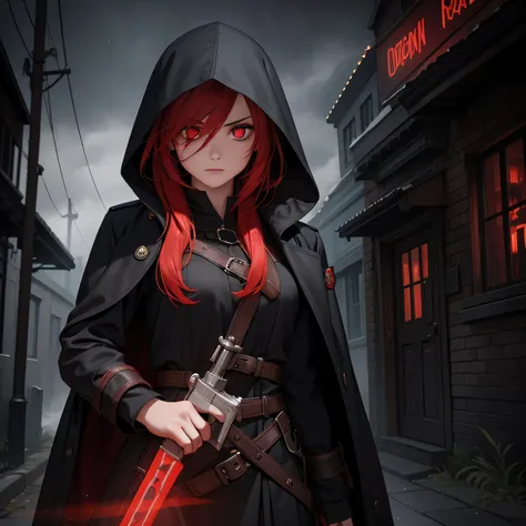 Best quality, realistic, a girl with red hair and detailed eyes and face, lightning bolts around, red glowing eyes, wearing a black dress, with a black overcoat, and a person with a black hood over their head. The scene depicts a huntress inspired by the s...