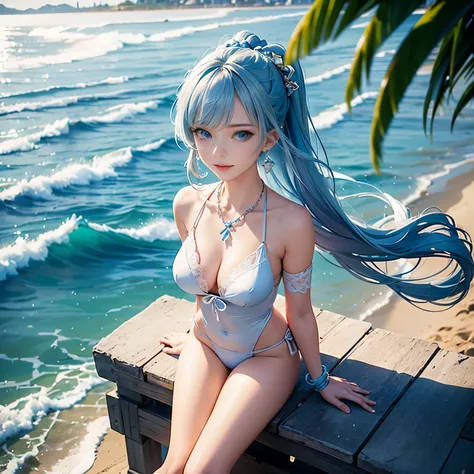 high angle,from above,(1girl),solo,(Kamisato Ayaka in Genshin Impact), ((masterpiece, highest resolution,best quality)), (beautiful illustration),(semi long beautiful silver blue hair),(beautiful blue eyes), (white beautiful elegant bikini swimsuit), (flat...