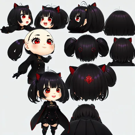 1girl , black pigtails with cat ears , red eyes , :d , chibi , very detailed, sparkling_eyes