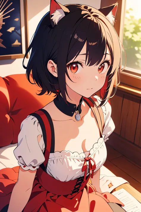 (Best Quality,masutepiece:1.2),(Anime style,Comic Core:1.1),1girl in,cute-style,Adorable,extremely detailed eye,extra detailed face,very detail hair,About Hipder,8K,resolution,Maid Outfit,catgirl, red eyes,black hair