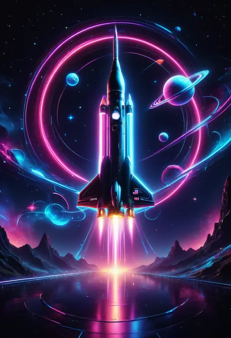 the aesthetics of vaporwave,landscape painting,ネオンカラーでrocket,rocket発射場,rocket,star,star雲,universe,惑star,beautiful,rich colors,fl...