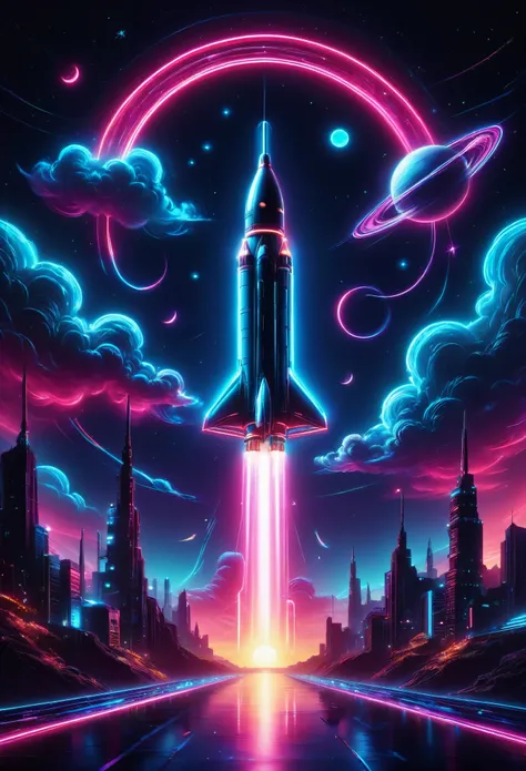 the aesthetics of vaporwave,landscape painting,ネオンカラーでrocket,rocket発射場,rocket,moon,star,cloud,universe,beautiful,rich colors,fla...