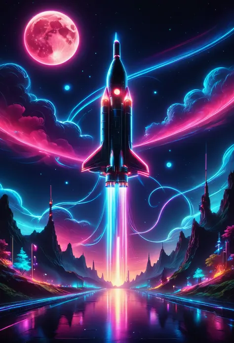 the aesthetics of vaporwave,landscape painting,ネオンカラーでrocket,rocket発射場,rocket,moon,star,cloud,aurora,beautiful,rich colors,flash...