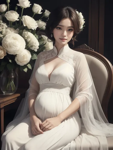 realistic,Brown short hair,smile,pregnancy,Asian,An arafi woman wearing a white dress sitting on a chair with a bouquet of flowers, Portrait inspired by Tan Yifeng, tumbler, baroque, soft elegant gown, white hanfu, ethereal fairytale, ethereal and dreamy, ...