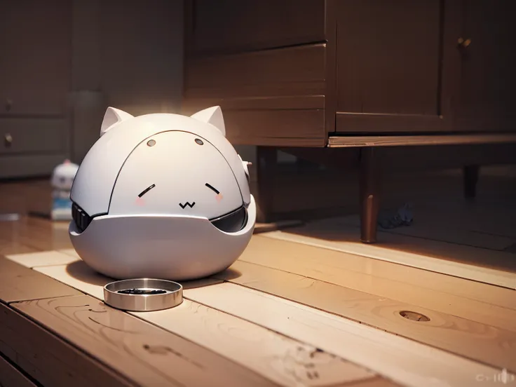 There&#39;s a little robot dog sitting on the floor next to a bowl of food, Lovely 3 d render, cute and friendly, very Lovely robot zen, Product design renderings, 3D model of Japanese mascot, diaper disposal, Lovely! C4D, Cat robot, robotic Cat, robot Cat...