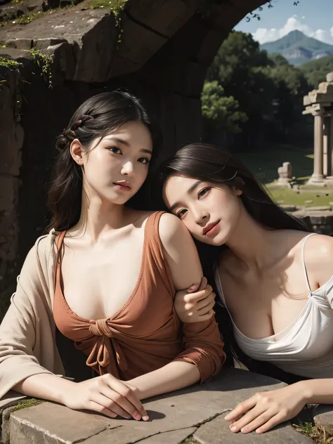 ancient roman sculpture,Ancient Roman ruins,Poussin-style landscape,A smile,,Sweet and seductive appearance.、Caravaggios paintings、Chiaroscuro of Caravaggio、Hair disheveled in the wind,Two women frolicking,Cute smile, Expression of ecstasy,A sexy
