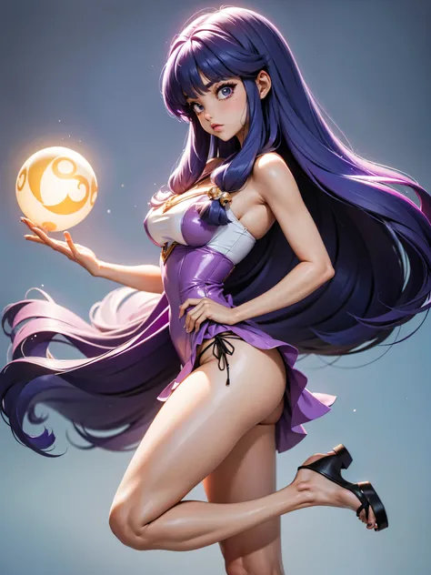 Garota anime de cabelo purple com saia vestido longo purple meio transparente e espartilho, 16 anos, corpo bonito, seios grandes, com hand in panties , hand in purple hair, Garota sexy, purple hair, mechas de cabelo laterais, mechas de cabelo na lateral do...