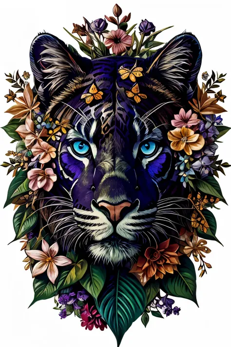 contemporary art collage, panther head, with flowers and leaves, some smart insects, painted, super detailed, full color, bright...