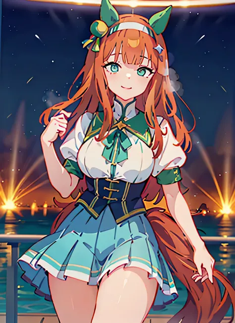 Erotic Anime Illustration、High resolution、A voluptuous gal flattering a man on the deck of a luxury cruise ship、beautiful eyes、ecstatic smile、lovelive、silence suzuka、dirndl、Overwhelming huge breasts that go beyond common sense、thick legs with fat、perfect p...