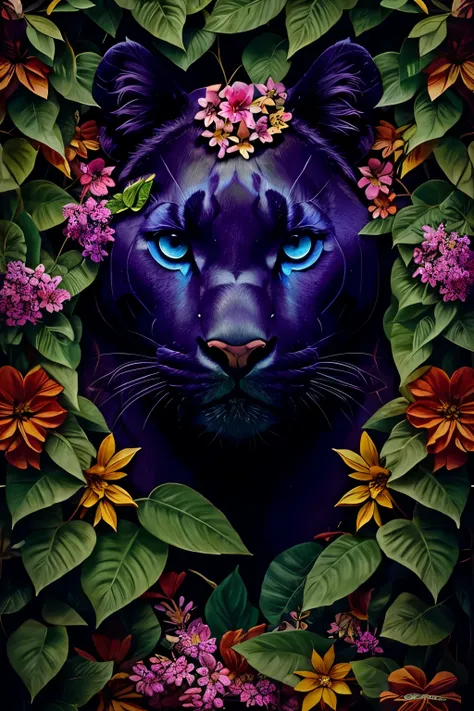 contemporary art collage, panther head, with flowers and leaves, some smart insects, painted, super detailed, full color, bright...