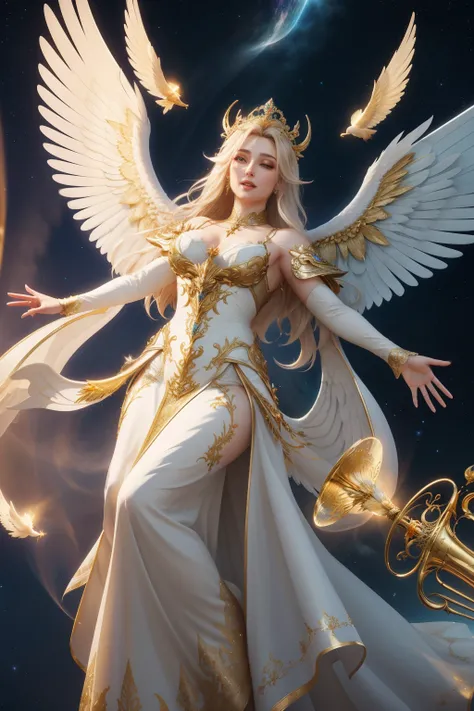 In the ethereal realm of heaven, a radiant 3D animation comes to life, brimming with the beauty and grace of celestial beings. Angels with heavenly wings, adorned in golden robes, playfully blow their trumpets, filling the air with melodious harmonies. Dan...