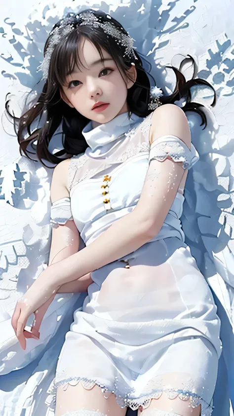 (((Masterpiece))),((top quality)),one beautiful Japanese girl,Pale, (A character that personifies snow: 1.5), (snowflake 1.5)、(((the whole body is white:1.5)))、(belly button)、(Pure white lace dress:1.5),(plain clothes), (skin revealing),(The background is ...