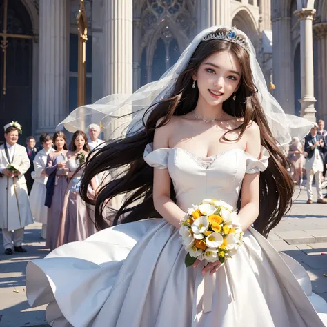 best quality, masterpiece, 1 girl, (huge laugh), cute teen, shiny lips, sweet, sun glare, Conservative attire, wedding dress, white gloves, bouquet, bridal tiara, depth of field, blurred background, Cathedral Background, light particles, strong wind, head ...