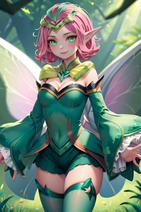 ((big breasts)), 1girl, solo, smile, short hair, thighhighs, dress, cleavage, jewelry, medium breasts, green eyes, pink hair, detached sleeves, green hair, wings, pointy ears, wide sleeves, tree, bug, green dress, fairy wings, fairy, butterfly wings, 4 wi...