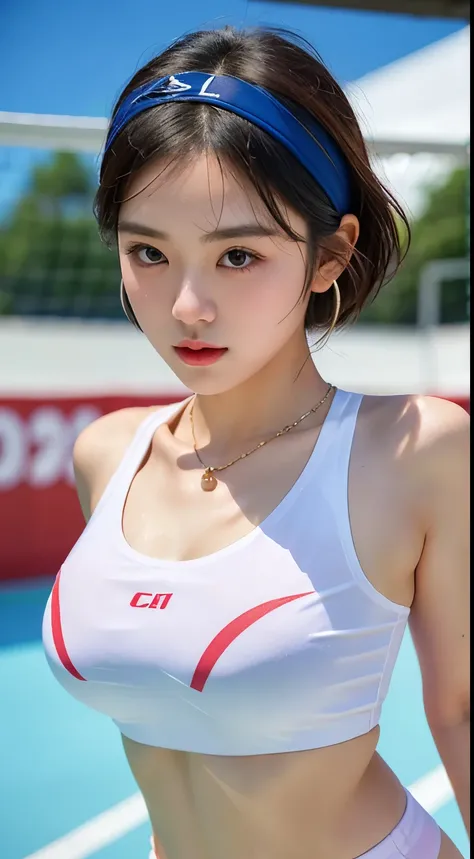 Masterpiece, extremely realistic, UHD, 8K, focus, 1girl, asian girl, 18 years old, very beautiful, very cute, detailed face, realistic face, very sweaty face, eyelashes, black hair, full body Esbian, short hair, wearing a headband, cute lips, tiny lips, lo...