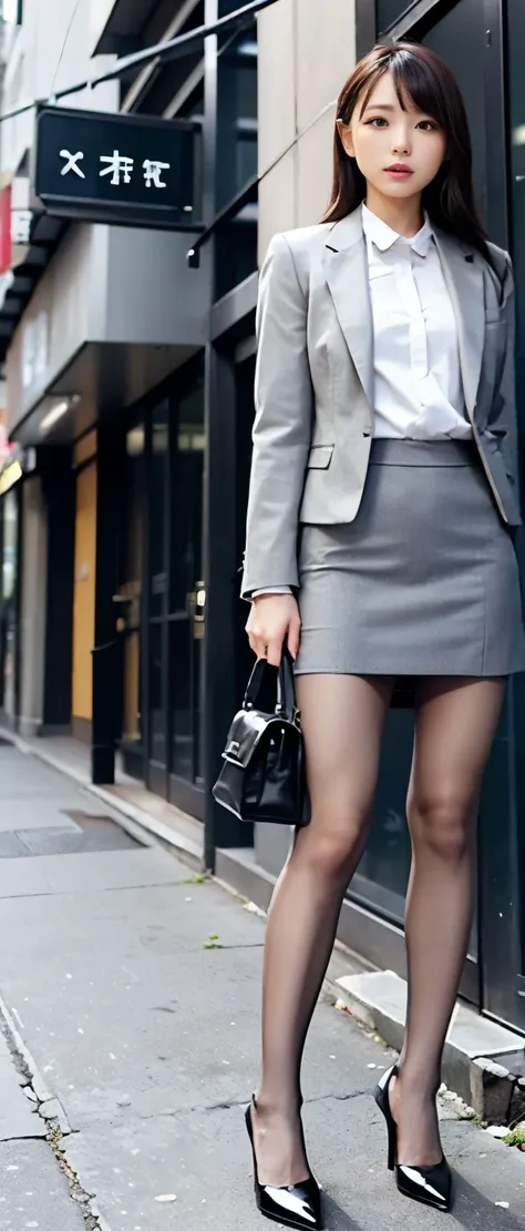 cool business girl、light gray formal suit（tight miniskirt 30cm above the knee）、black shirt、、good style、、whole body、light brown p...