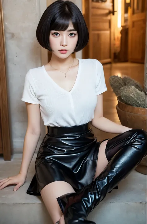 Beautiful girl in a leather skirt and boots, with thick brows and a short bob, (that f (deka fume): 1.2), erotic aura,and a Patsun (short bob поPatsun bob): 1.4, Wakame-chan cut (seaweed cut): 1.3, wearing knee-high boots and a dull bowl cut (very short bo...