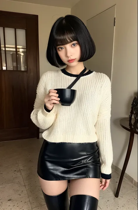 Beautiful girl in a leather skirt and boots, with thick brows and a short bob, (that f (deka fume): 1.2), erotic aura,and a Patsun (short bob поPatsun bob): 1.4, Wakame-chan cut (seaweed cut): 1.3, wearing knee-high boots and a dull bowl cut (very short bo...