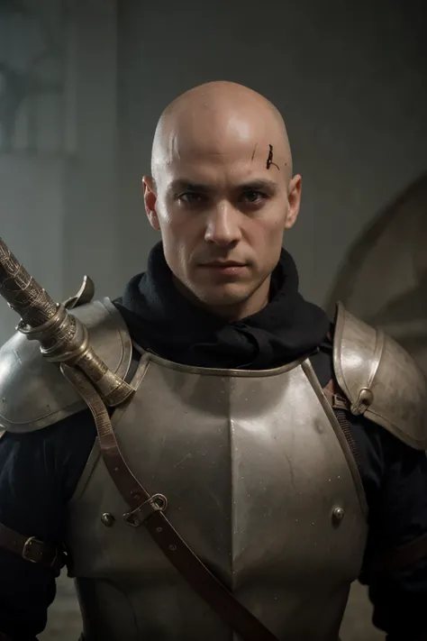 warrior, Human, danger and dragons, bald, scar on his right eye, in armor, with a sword