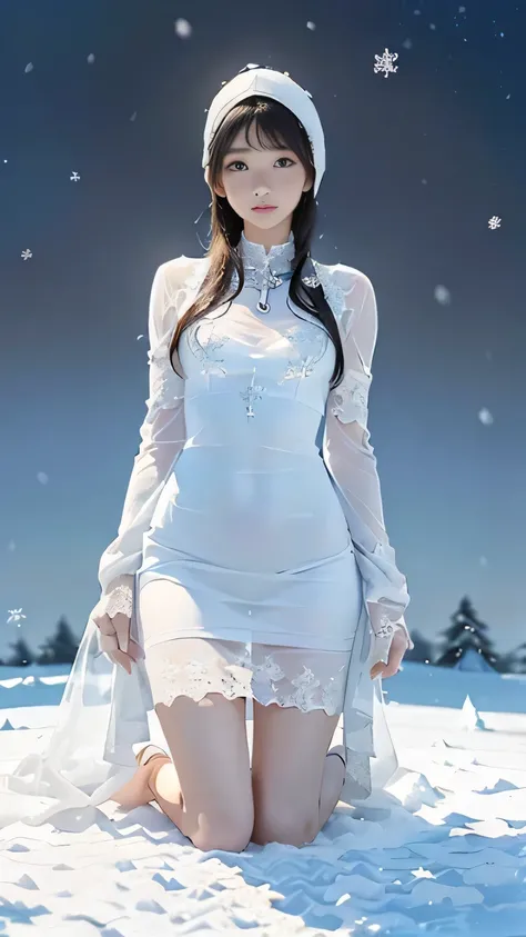 (((Masterpiece))),((top quality)),one beautiful Japanese girl,Pale, (A character that personifies snow: 1.5), (snowflake 1.5)、(((the whole body is white:1.5)))、(belly button)、(Pure white lace see-through dress:1.5),(plain clothes), (skin revealing),(The ba...