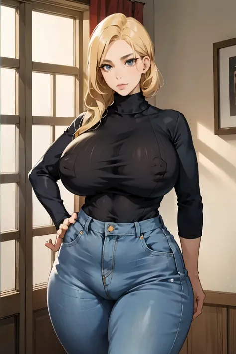 1girl, mature woman, middle aged, milf, blonde hair, beautiful face, huge breast, huge ass, wide hips, thick thighs, turtleneck, solo, jeans, facing viewer, elegant