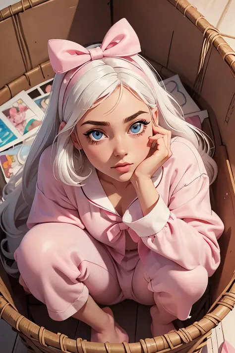 Masterpiece, best quality, super detailed, illustration, beautiful detailed eyes, close up, a girl. It is white hair, pink bow, white pajamas. Squat on the ground and rummage through the clothes basket