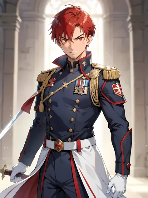 Front view,one Male,facial hair,in his twenties,looks older than his age,military general,Tanned skin color,very muscular body,very Short haircut,Red hair,Red eyes,wearing Red and white Military Magic academy anime style Uniform,wearing white gloves,europe...