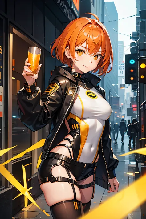 girl in cyberpunk costume、1 person、orange brown hair、yellow eyes、short hair、luster、glosischievous smile、lively look、beautiful、Honey Core、Hozuki scattered background、delicate pose
