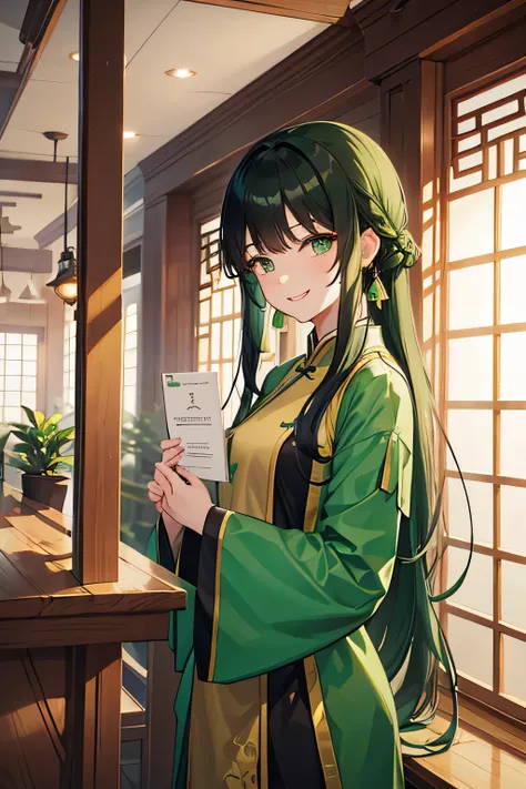 Pharmacist&#39;s monologue、1 person、short girl、greenish black hair、long hair、straight hair、Green Outfit、luster、small breastischievous smile、grinning face、lively look、green eyeaterial、China、Palace、senior queen