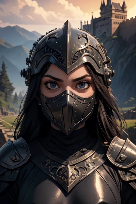 ((realistic)), cinematic shot, movie theater, photo referenced, highest quality, high quality, (detailed face and eyes:1.1), a huge knight wearing a black armor, ((intricate helmet)), face mask armor, ((big eyes)), black sclera, in the countryside, black e...