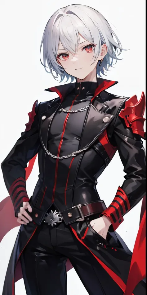 High resolution, 2D anime style,,cool men,short hair,silver hair,red eyes,Dark Fashion,he is smiling a little,