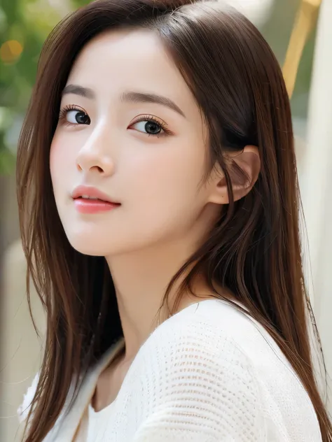 (((32ｋ,high details,high detail、masterpiece,attention to detail,alone))),Raw photo & realistic atmosphere,beautiful dark blue eyes,detailed mouth,glossy lips,thin eyebrows,fine eyes、Soft white skin that shines in every detail、her deep black eyes are so bea...