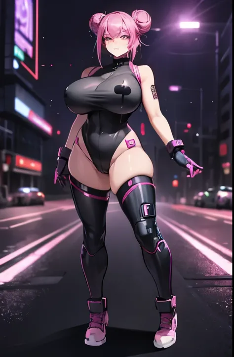 ((cyberpunk aesthetic)), (full body), (cyberware), (showing skin), (((large_breasts))), (pink_hair), (double bun hair), (red light district city background), (glowing lights), (starry night sky) (confident expression), (smug expression), (seductive), (past...