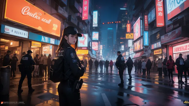 (best quality,4k,8k,highres,masterpiece:1.2),ultra-detailed,(realistic,photorealistic,photo-realistic:1.37),1girl,a fullbody,landscape,cyberpunk,city,street,(((advertising banners))),crime scene,Police,detective,(neon:1.4),skyscrapers