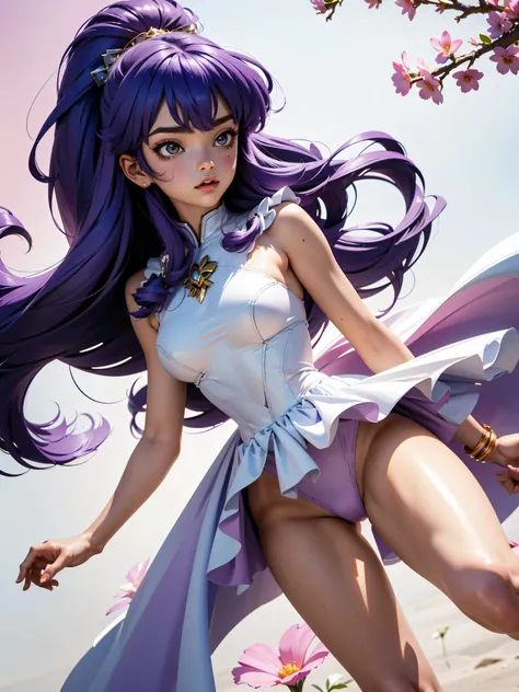 Garota anime de cabelo purple com saia vestido longo purple meio transparente e espartilho, 16 anos, corpo bonito, seios grandes, com hand in panties , hand in purple hair, Garota sexy, purple hair, mechas de cabelo laterais, mechas de cabelo na lateral do...