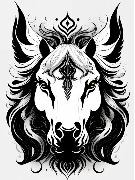 white horse, T-shirt art, 2d, ((black background :1, 5)), vector, bright colors, main part, best quality, intricate details, Perfectly symmetrical face shape, realistic details, gothic theme, Luminous ring, external, movie shadows