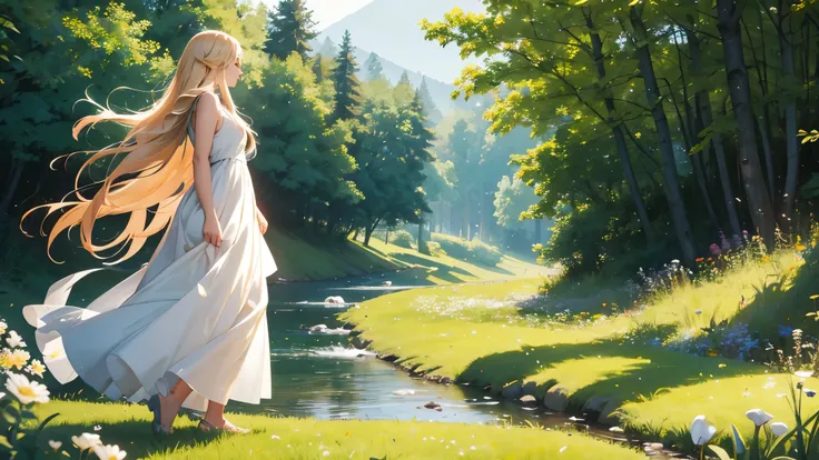 A woman with long blond hair stood on the grass covered with flowers., Long hair flowing in the wind, Wearing a white sleeveless dress，The skirt flies with the wind, Leading a group of small animals.
BREAK With a loving expression, She guides them to their...