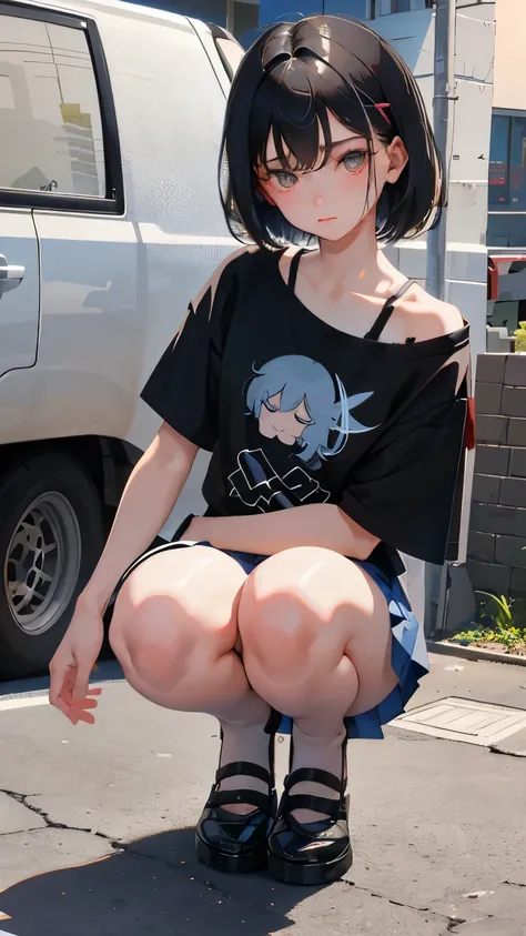 (short cute girl，small young student，young delicate girl）,（masterpiece，Top quality)，squat，，short sleeve，black hair，sleepy