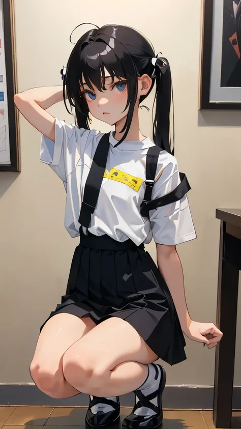 (short cute girl，small young student，young delicate girl）,（masterpiece，Top quality)，squat，，short sleeve，Long twin tails with black hair，sleepy