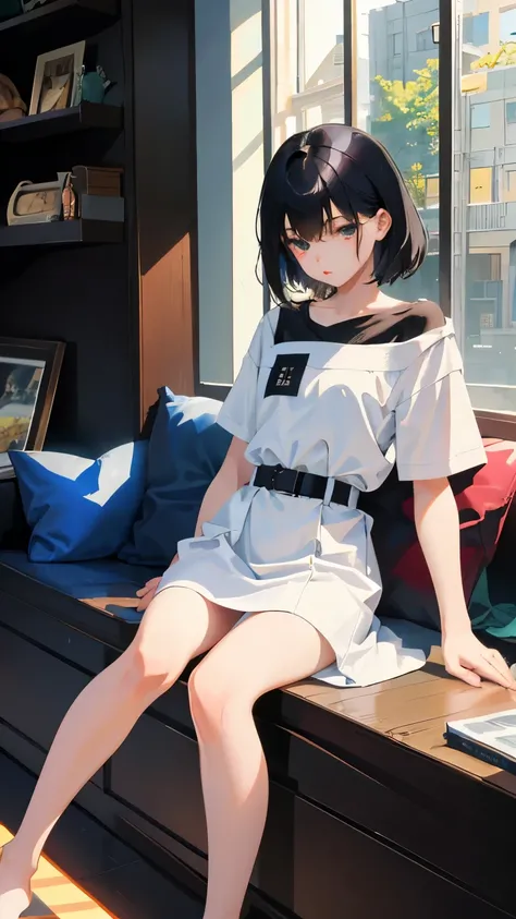 (short cute girl，small young student，young delicate girl）,（masterpiece，Top quality)，sit with one&#39;s knees，，short sleeve，black hair，sleepy