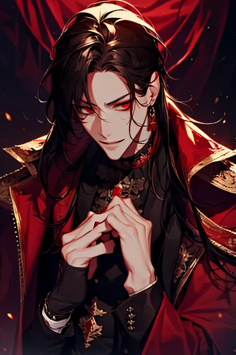 close up of a person in a red coat and black hair, alucard, full body, beautiful male god of death, vampire fashion, detailed an...