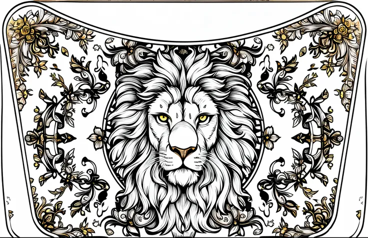 Vector design of a lion on an oval bag with a patterned design around the edges, the front is dominated by the image of a huge lions head in vintage style, with an overall round shape, and within the perimeter around the circle, surrounded by vines, a lion...