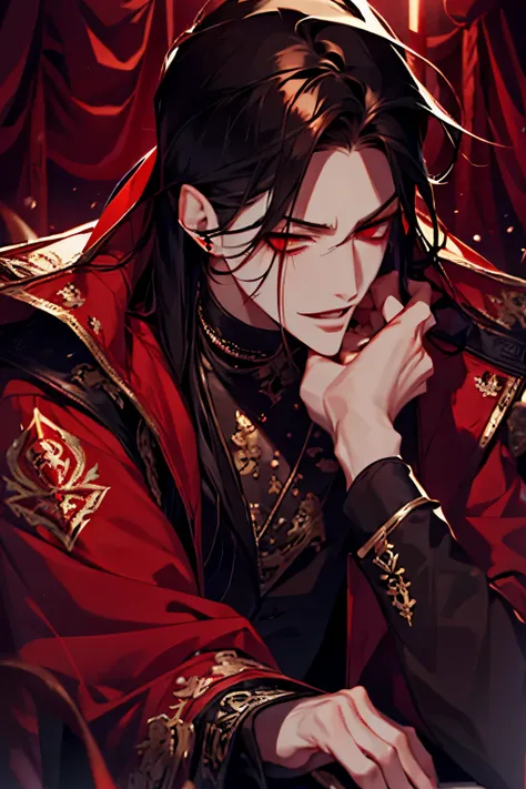 close up of a person in a red coat and black hair, alucard, full body, beautiful male god of death, vampire fashion, detailed anime character art, male vampire of clan banu haqim, full body black and red longcoat, l vampire, with his long black hair, andro...